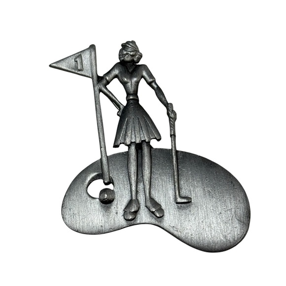 Vintage Golf Brooch Pin Signed AJC Silver Tone Lady Golfer 2” Tall Hole In One 1 - Picture 1 of 5